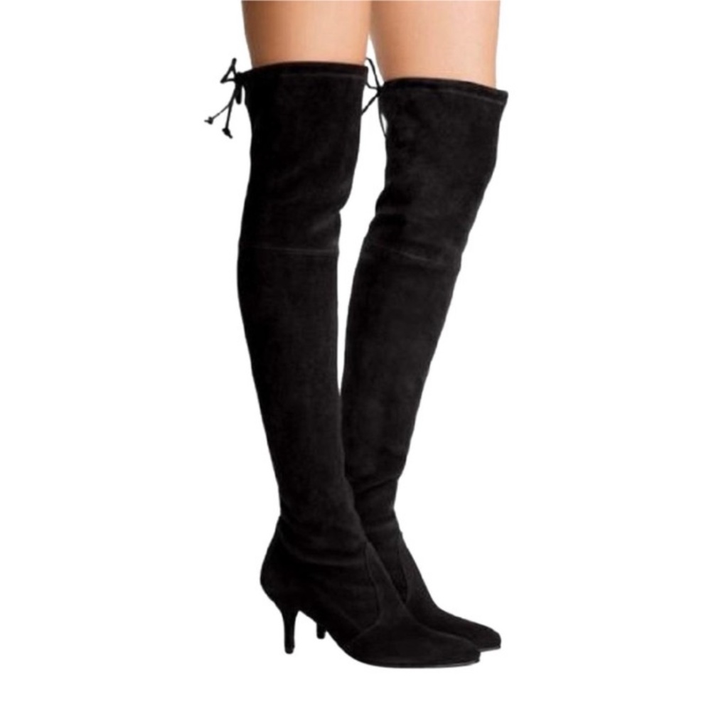 Stuart Weitzman Black Suede Tiemodel Over-the-knee kitten heels